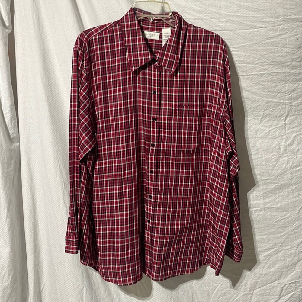 Elizabeth 2x vintage plaid red black white long blouse rayon polyester euc
